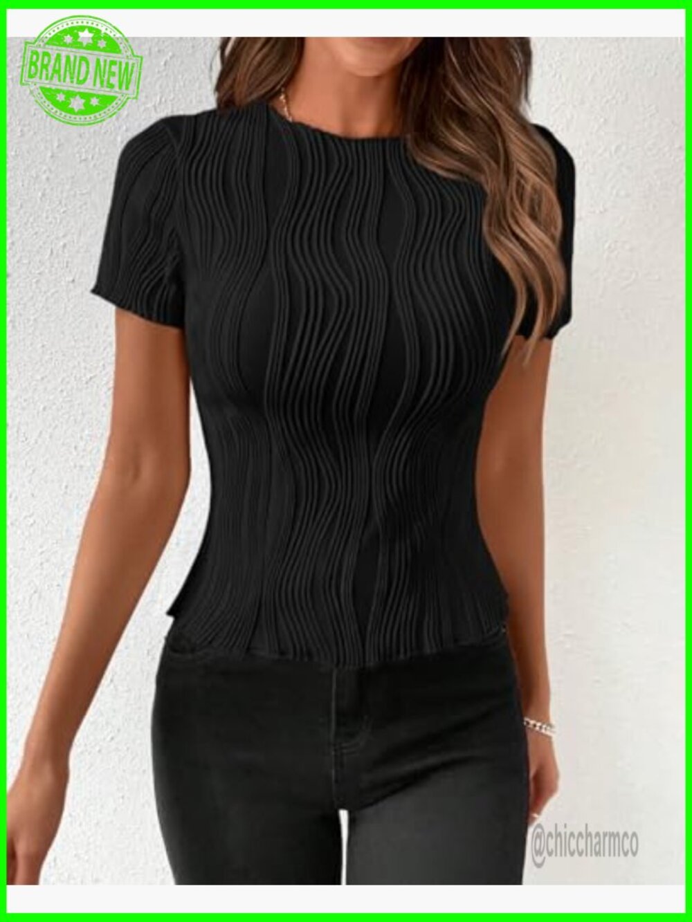 Casual Short Sleeve Crewneck Slim Fit T Shirt Y2K Knit Textured Blouse - Picture 3 of 7